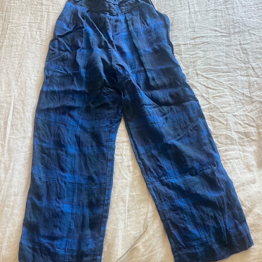 Whistles Navy and Royal Blue Plaid linen pants